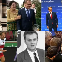 Kolaż zdjęć przedstawia Donalda Tuska w różnych momentach życia, od młodości po karierę polityczną. Widać jego rodzinę, wystąpienia publiczne i momenty związane z piłką nożną, co może nawiązywać do tego, gdzie się urodził Donald Tusk.