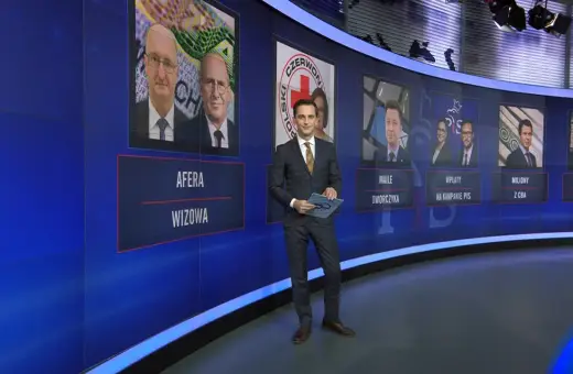 Prezenter w studiu telewizyjnym. Na ekranach za nim widać zdjęcia polityków i napisy: "Afera wizowa", "Wpłaty na kampanie PIS", "Miliony z CBA", "Dotacje z NCBiR".