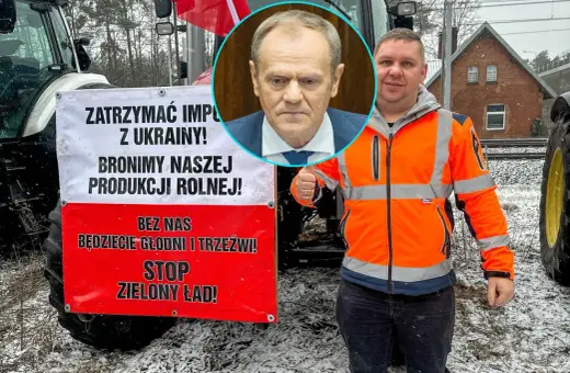 Tusk w moragu protestu rolników. Transparent "STOP Zielony Ład!" i zdjęcie Donalda Tuska.