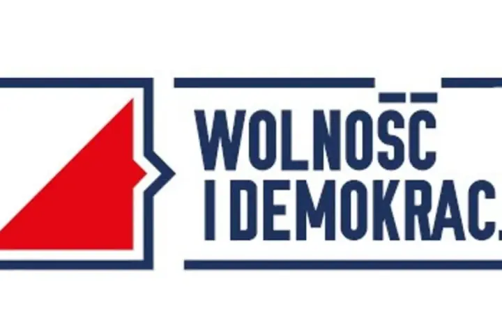 Logo Fundacji Wolność i Demokracja. Czerwony trójkąt symbolizuje walkę o wolność i demokrację.