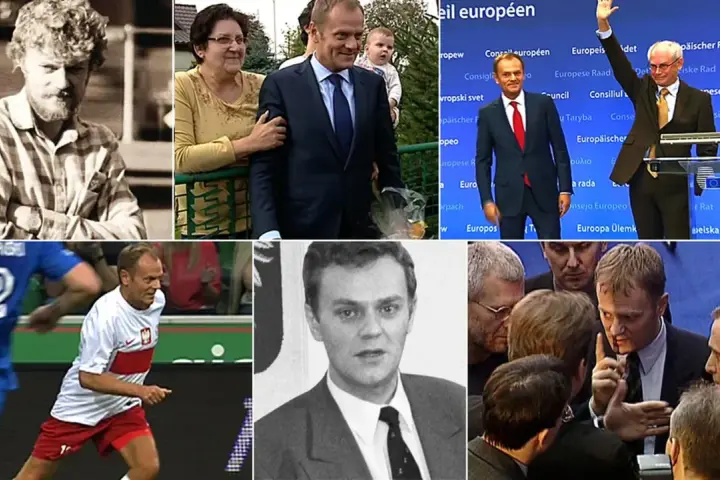 Kolaż zdjęć przedstawia Donalda Tuska w różnych momentach życia, od młodości po karierę polityczną. Widać jego rodzinę, wystąpienia publiczne i momenty związane z piłką nożną, co może nawiązywać do tego, gdzie się urodził Donald Tusk.