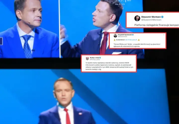 Debata polityczna, na ekranie pojawiają się tweety o aferach Platformy Obywatelskiej, m.in. o nielegalnym finansowaniu kampanii.