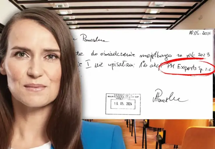 Agnieszka Pomaska na tle biblioteki i sali wykładowej. Obok niej dokument z jej podpisem i informacją o pochodzeniu akcji PH Experts sp. z o.o.