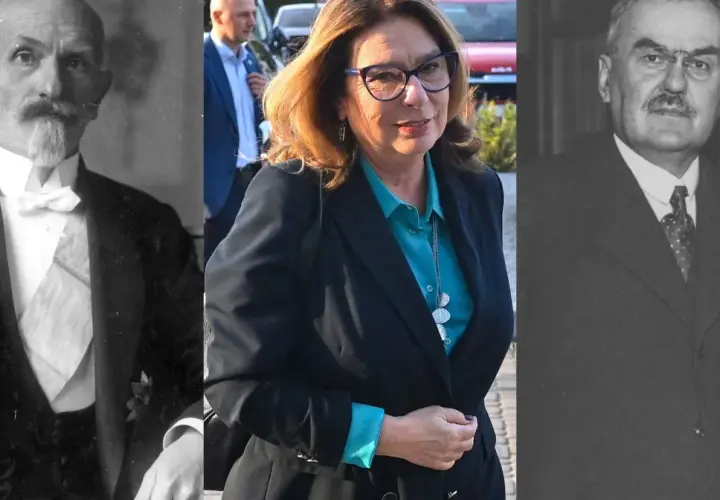 Trzy portrety: dwóch starszych panów w strojach z epoki i kobiety w okularach. Czy to rodzina? Może dziadkowie Kidawy Błońskiej?