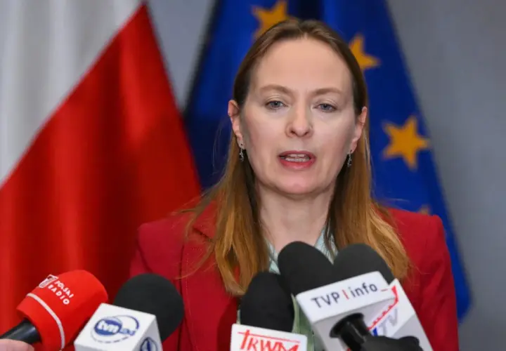 Kobieta w czerwonej marynarce przemawia do mikrofonów. W tle flagi Polski i UE. To po a pis porównanie.
