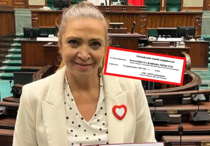 Małgorzata Niemczyk, była siatkarka, w sejmowej ławie. Na czerwonym tle dokument z jej danymi.