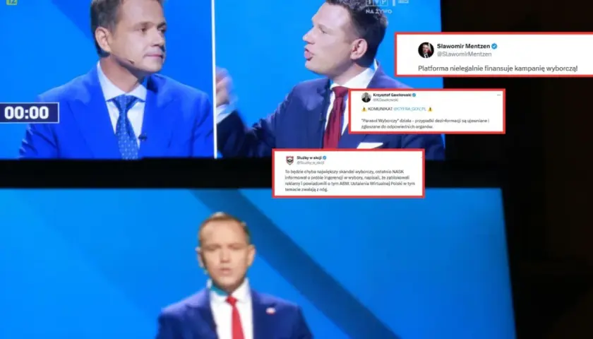 Debata polityczna, na ekranie pojawiają się tweety o aferach Platformy Obywatelskiej, m.in. o nielegalnym finansowaniu kampanii.