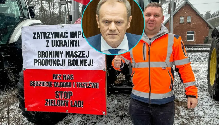 Tusk w moragu protestu rolników. Transparent "STOP Zielony Ład!" i zdjęcie Donalda Tuska.