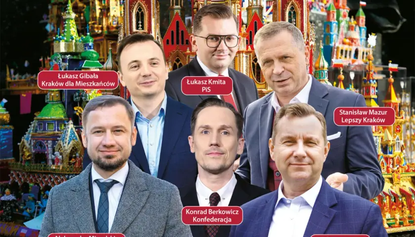 Aleksander Miszalski z Platformy Obywatelskiej Kraków i jego koledzy na tle krakowskiej szopki.