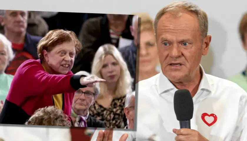 Kobieta w czerwonej bluzce gestykuluje, przemawiając do tłumu. Obok Donald Tusk w białej koszuli z sercem, gotów do odpowiedzi.