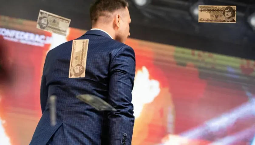 Mężczyzna w garniturze z banknotami na plecach. To wizualizacja programu partii politycznej przykłady, pokazująca inflację.