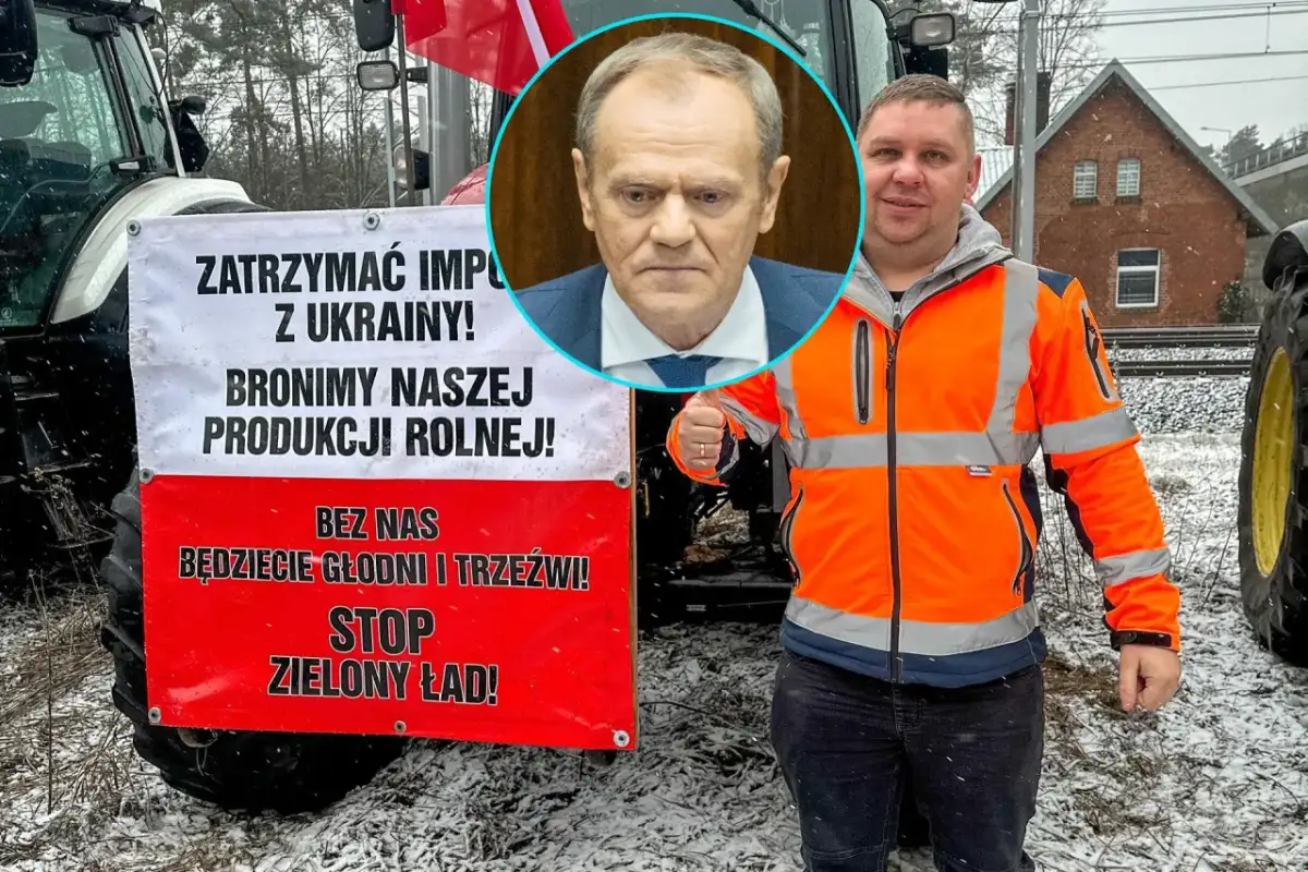 Tusk w moragu protestu rolników. Transparent "STOP Zielony Ład!" i zdjęcie Donalda Tuska.