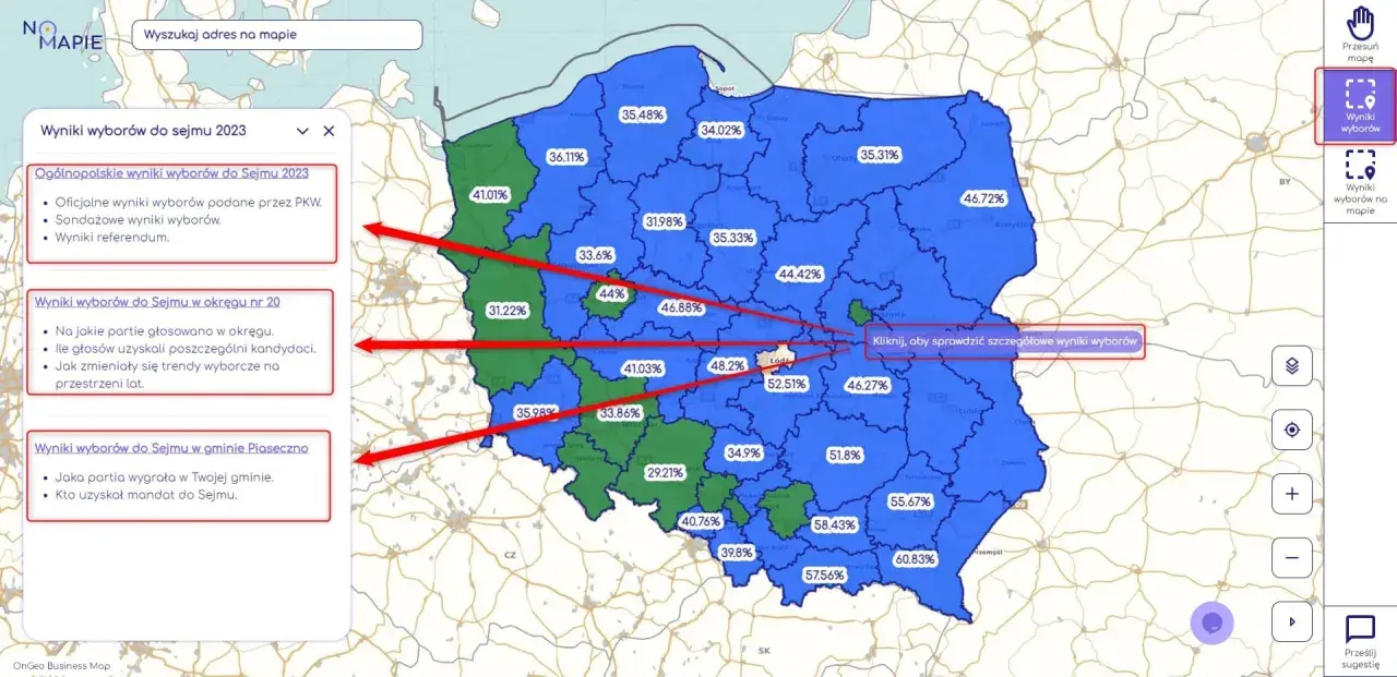 Mapa Polski z zaznaczonymi okręgami wyborczymi do Sejmu i procentami głosów. Kliknij, by sprawdzić szczegółowe wyniki wyborów.