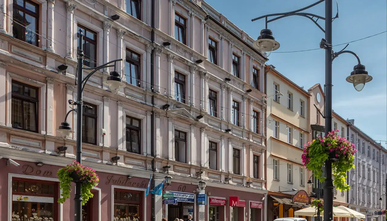 Kamienice przy ul. Piotrkowskiej 61 w Łodzi, z ozdobnymi fasadami i wiszącymi donicami z kwiatami. Platforma Obywatelska ma tu swoje biuro.