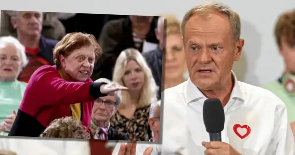 Kobieta w czerwonej bluzce gestykuluje, przemawiając do tłumu. Obok Donald Tusk w białej koszuli z sercem, gotów do odpowiedzi.
